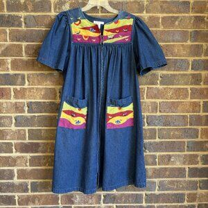 Go Softly Patio Dress Sz Petite M Blue Embroidered Flowers Insects Full Zip READ